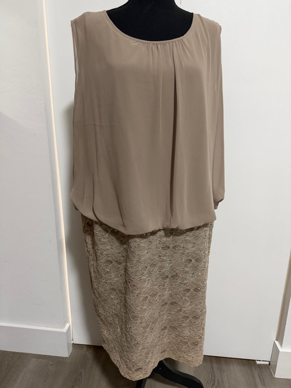 R&M Richards 20W Elegant Taupe sparkly Lace 1 piece dress